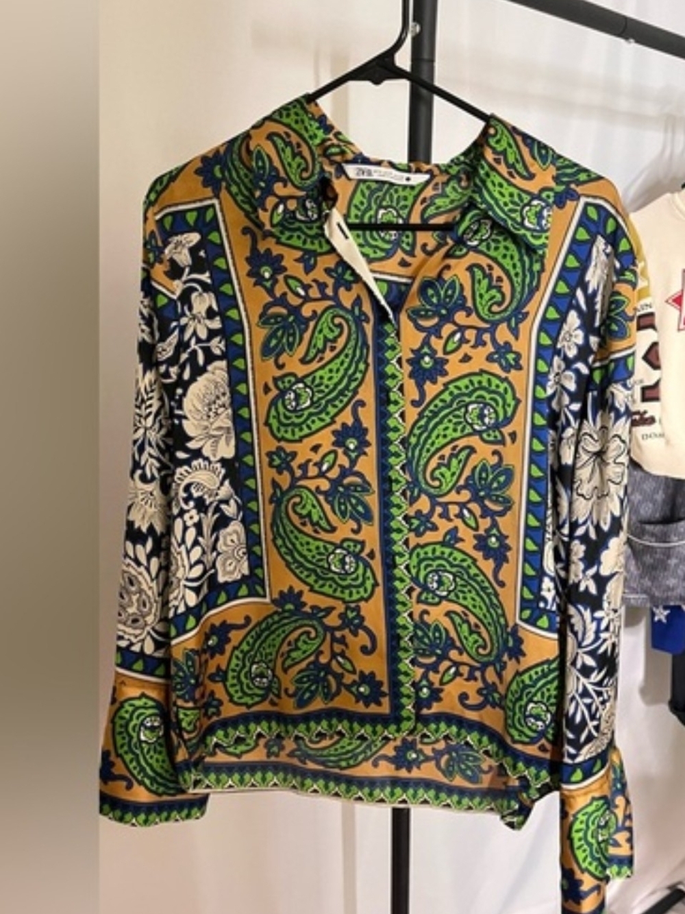Zara Green, Navy & Mustard Paisley Button-Up Blouse. Size M